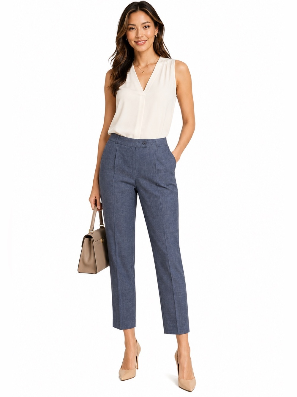 Betabrand Audrey Straight Leg Ankle Dress Pants Front Pockets 10 Long Blue Linen
